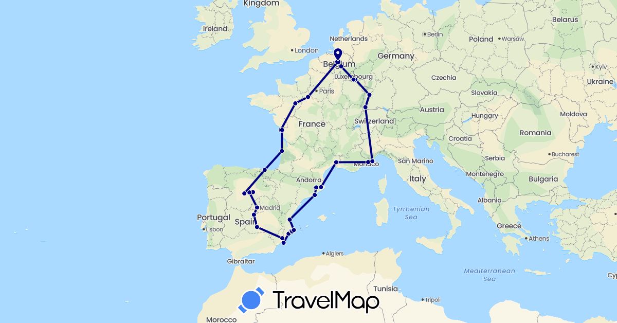 TravelMap itinerary: driving in Belgium, Spain, France, Italy, Luxembourg (Europe)