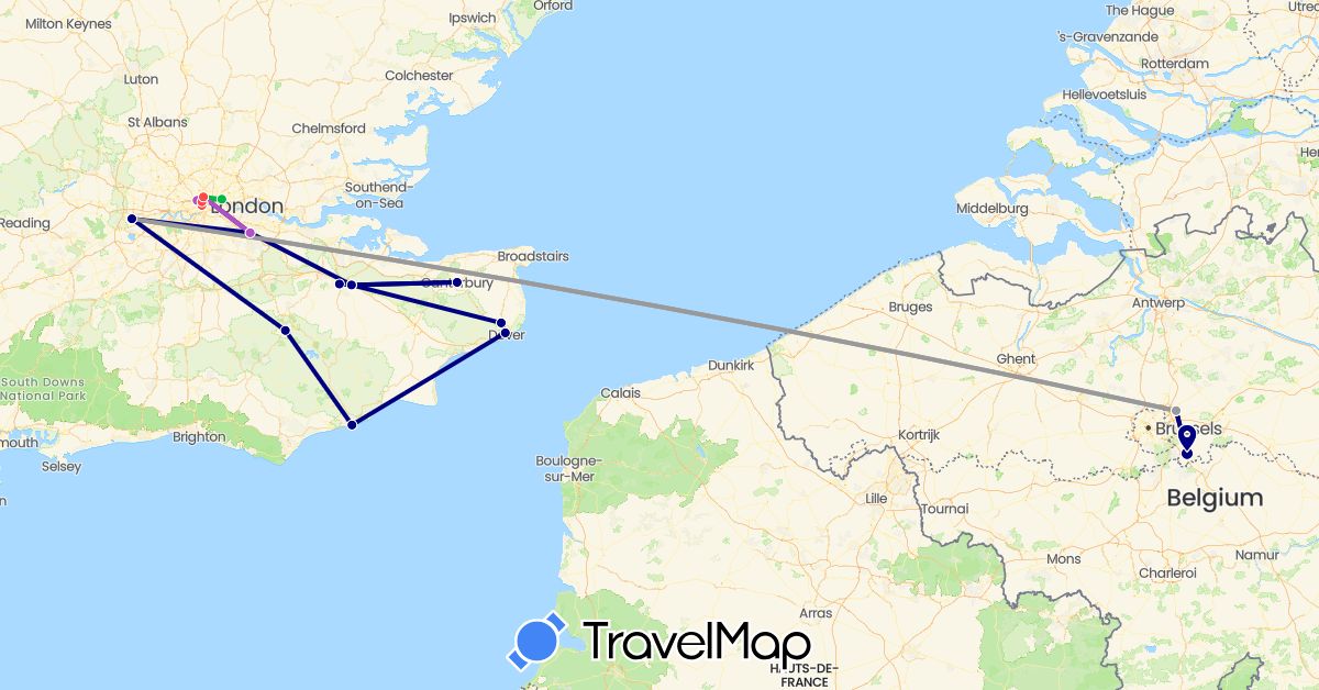 TravelMap itinerary: driving, bus, plane, train, hiking in Belgium, United Kingdom (Europe)