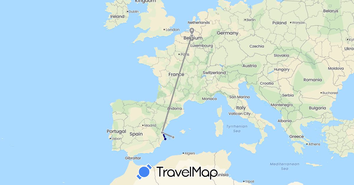TravelMap itinerary: driving, plane, train, hiking in Belgium, Spain (Europe)
